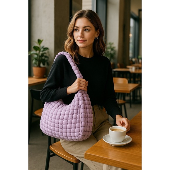 Handbags - Quilted Oversized Shoulder Bag Purple Women's Crossbody Boho Chic Puffer Purse